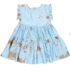 Pink Chicken Polly Silk Tie-Dye Ruffle Sleeve 2-Tired Dress, Milky Blue Size 4